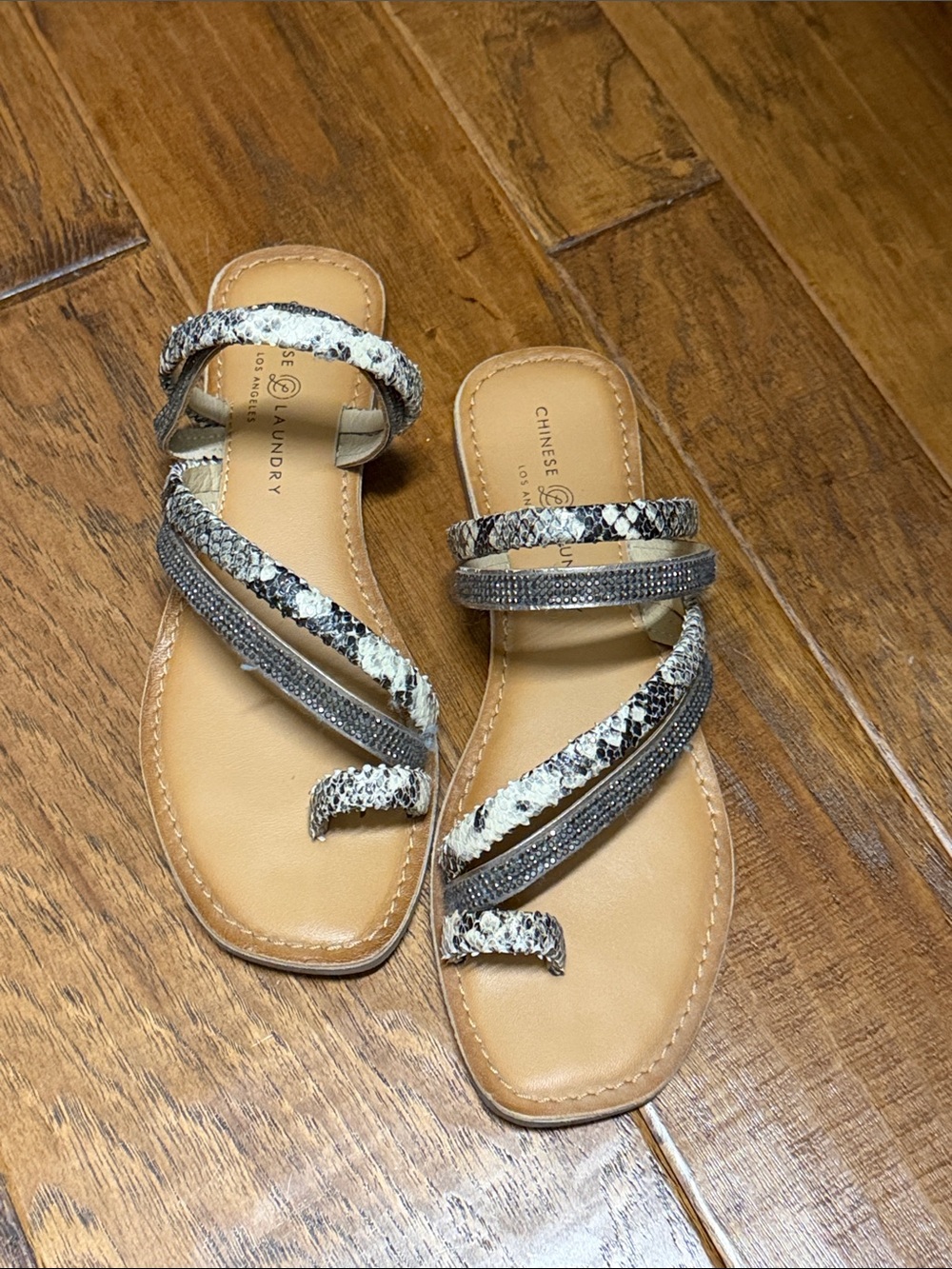 Chinese Laundry Beige Snake-Print and Silver Strappy Slide Sandals